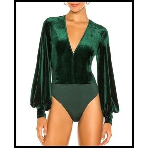 NWT Bardot Bryony Bodysuit Top Deep Vneck Plunge Dark Green Velvet 10 Large NEW